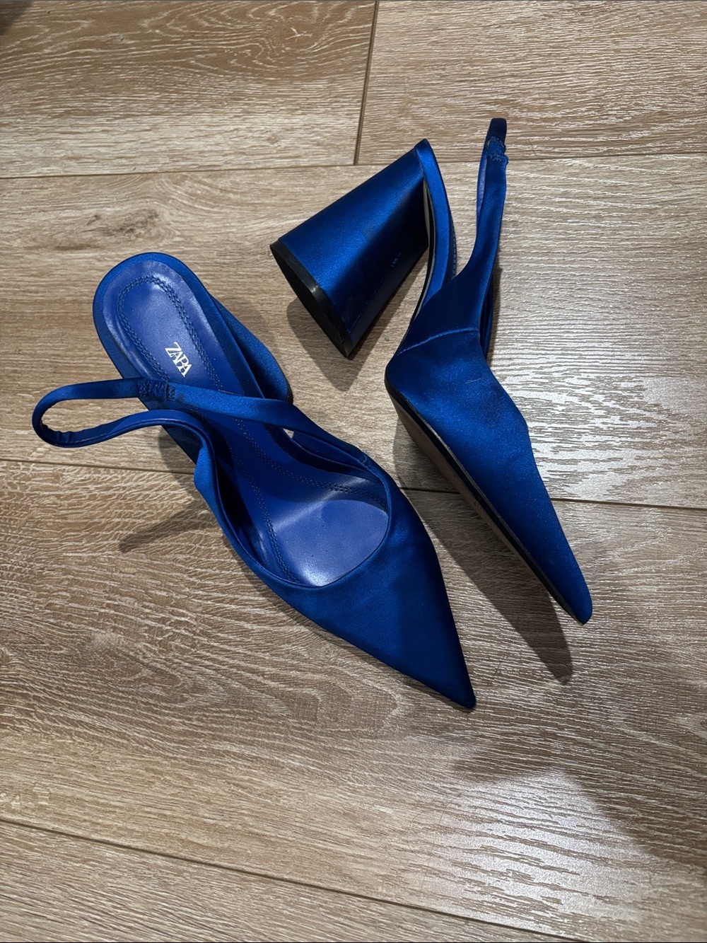 Zara Royal Blue Satin Pointed Slingback Heels